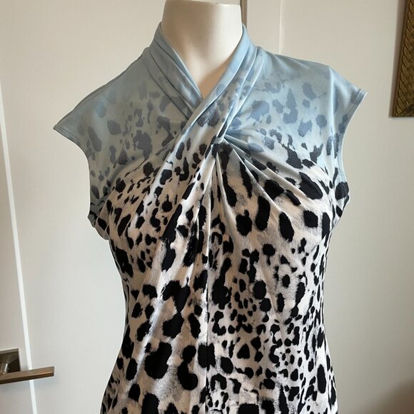 Calvin Klein Cap Slv Twist Neckline Animal Print Poly Blend Top Blue Blk Wht S - Picture 2 of 13